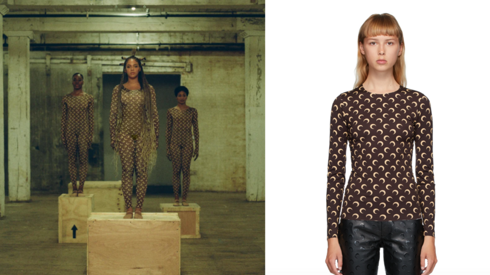 Beyonce in Black is King, Marine Serre Brown & Beige Moon Allover Long Sleeve T-Shirt. Photo via Disney Plus, SSENSE.