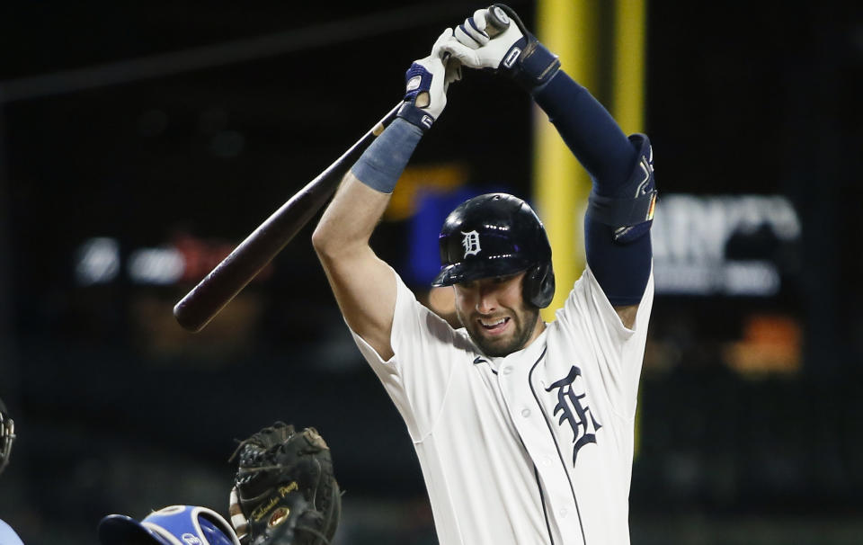 Detroit Tigers' Matt Vierling avoids an inside pitch during the sixth inning of a baseball game against the Kansas City Royals, Tuesday, Sept. 26, 2023, in Detroit. (AP Photo/Duane Burleson)