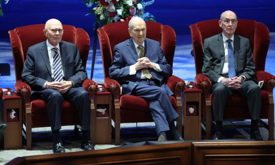 President Russell M. Nelson, of The Church of Jesus Christ of Latter-day Saints, and his counselors, President Dallin H. Oaks, left, and President Henry B. Eyring, right, attend Sister Patricia T. Holland’s funeral service at the Conference Center Theater in Salt Lake City on Friday, July 28, 2023. | Jeffrey D. Allred, Deseret News