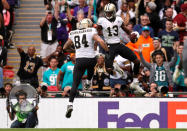 <p>New Orleans’ Michael Thomas celebrates scoring a touchdown with Michael Hoomanawanui. Action Images via Reuters/Paul Childs </p>