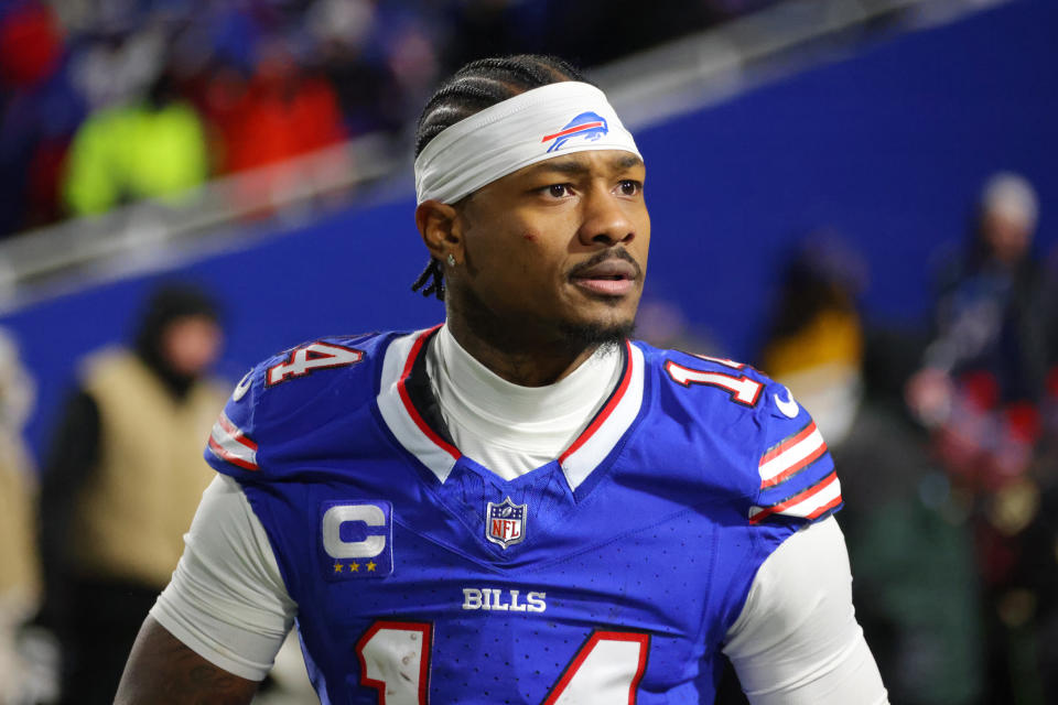 ORCHARD PARK, NEW YORK - JANUARY 21: Stefon Diggs #14 of the Buffalo Bills reacts during the AFC Divisional Playoff game against the Kansas City Chiefs at Highmark Stadium on January 21, 2024 in Orchard Park, New York. (Photo by Timothy T Ludwig/Getty Images)