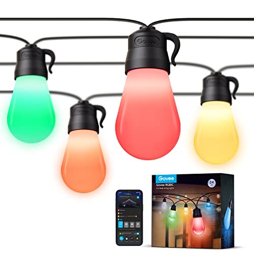 Govee Smart Outdoor String Lights with 8 Dimmable RGBIC LED Bulbs, 24ft IP65 Waterproof Shatter…