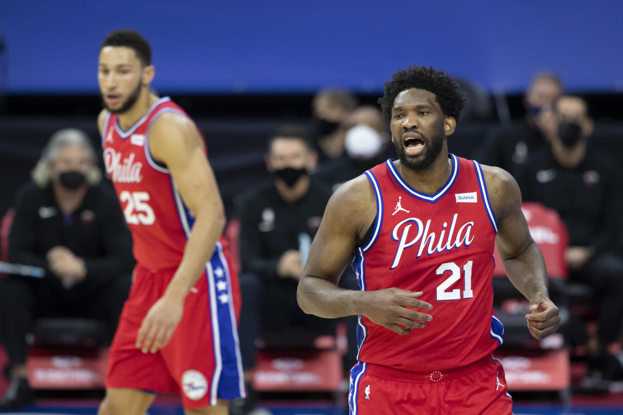 Philadelphia 76ers center Joel Embiid has yet to go fully nuclear on his co-star Ben Simmons. (Mitchell Leff/Getty Images)