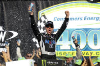 Kevin Harvick celebrates after winning a NASCAR Cup Series auto race at Michigan International Speedway in Brooklyn, Mich., Sunday, Aug. 11, 2019. (AP Photo/Paul Sancya)