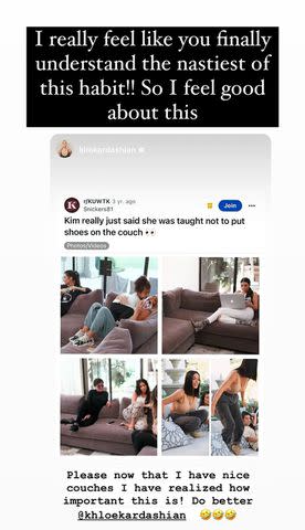 <p>Khloe Kardashian/Instagram</p> Khloé Kardashian shoes on couch conclusion