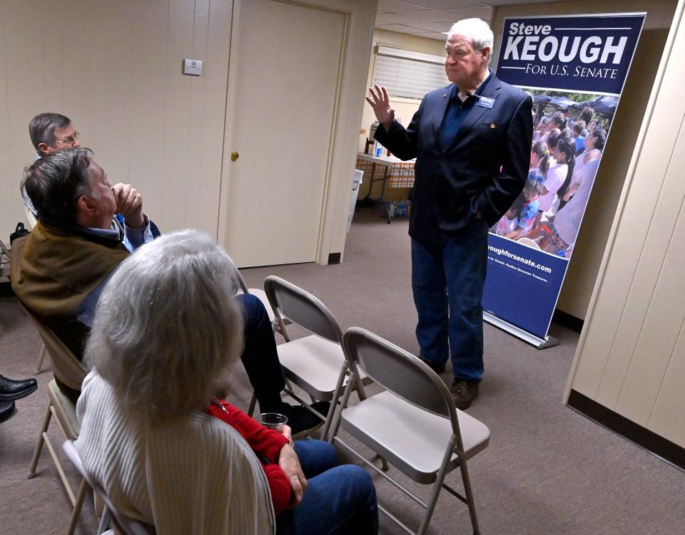 Democratic candidate for U.S. Senate Steve Keough speaks during a press conference at the Taylor County Democratic Party’s headquarters Tuesday.