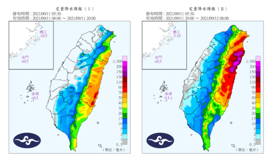 中央山脈屏障，東西部降雨情形大不同。（圖／中央氣象局）