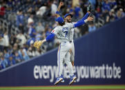 Kansas City Royals' Salvador Perez smiles after defeating the Toronto Blue Jays in a baseball game, Tuesday, April 30, 2024 in Toronto.(Nathan Denette/The Canadian Press via AP)