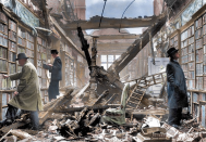 <p>The private Holland House Library in Kensington, West London, was bombed by a Luftwaffe raid in September 1940. Here, men survey the damage. (MediaDrumWorld) </p>