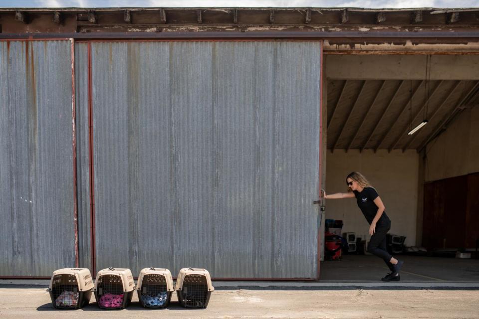 Petra Janney pushes open a large sliding door to the bunker that holds her plane, while pet crates sit in front.