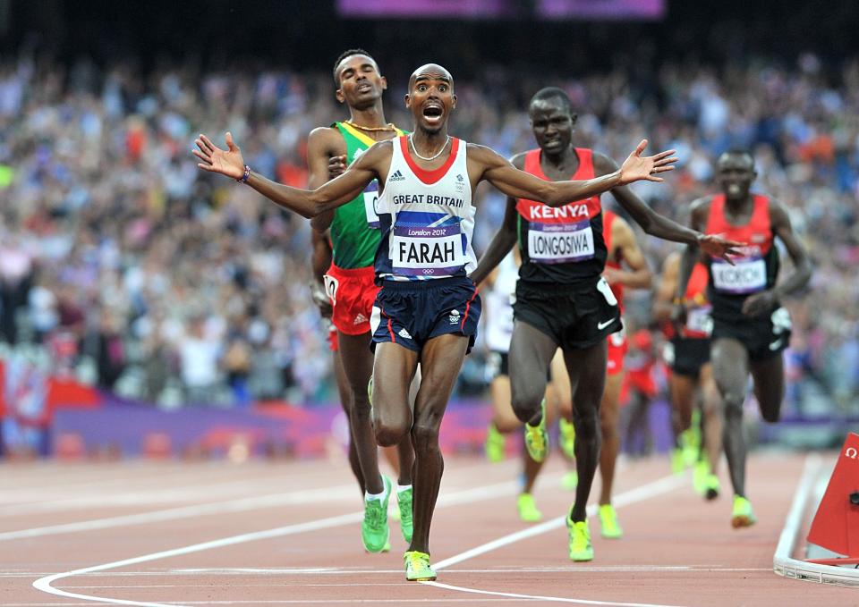 Great Britain's Mo Farah wins the Men's 5000m Final during Day 15 of the London 2012 Olympics at the Olympic Stadium, London.