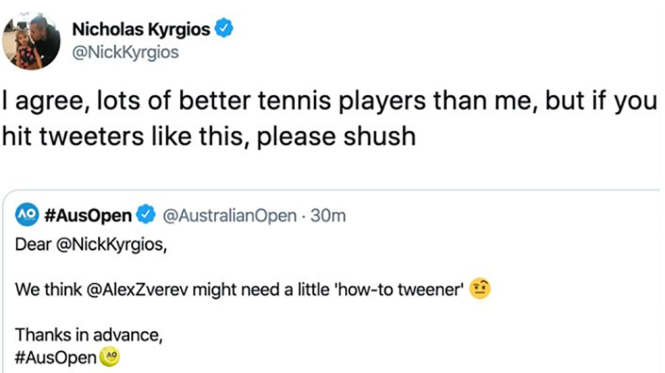 Nick Kyrgios' since-deleted tweet, pictured here on Twitter.