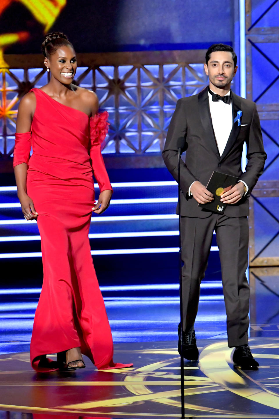 Actors Issa Rae and Riz Ahmed speak onstage during the 69th Annual Primetime Emmy Awards at Microsoft Theater on Sept. 17, 2017 in Los Angeles, California.