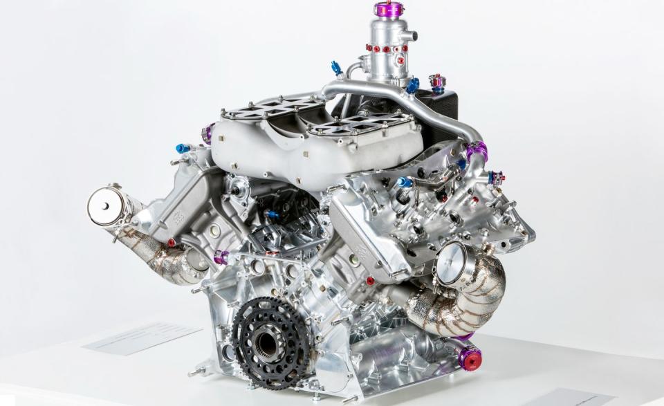 The primary power producer is an aggressively turbocharged and intercooled 2.0-liter, four-cam V-4 gasoline engine, which is restricted to 500 horsepower by current FIA (Fédération Internationale de l'Automobile) rules. The 250-horsepower-per-liter specific output is, of course, impressive, but Porsche claims this is also the most efficient internal-combustion engine it has ever produced.