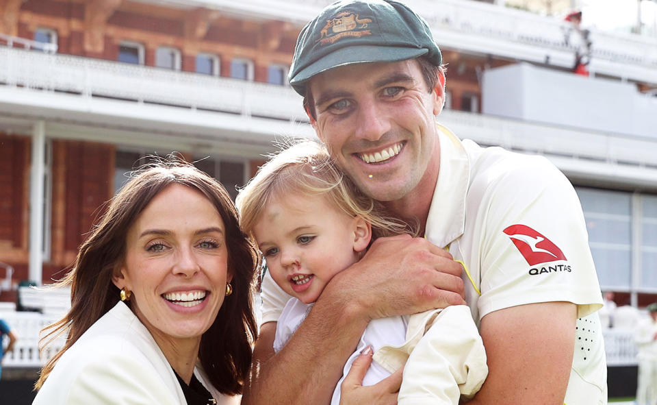 Pat Cummins, pictured here with wife Becky and their son Albie.