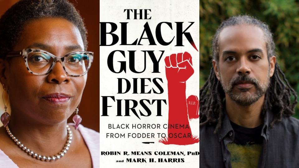 Black Guy Dies First cover image with images of authors Dr. Robin R Means Coleman and Mark H. Harris on the side of a collage