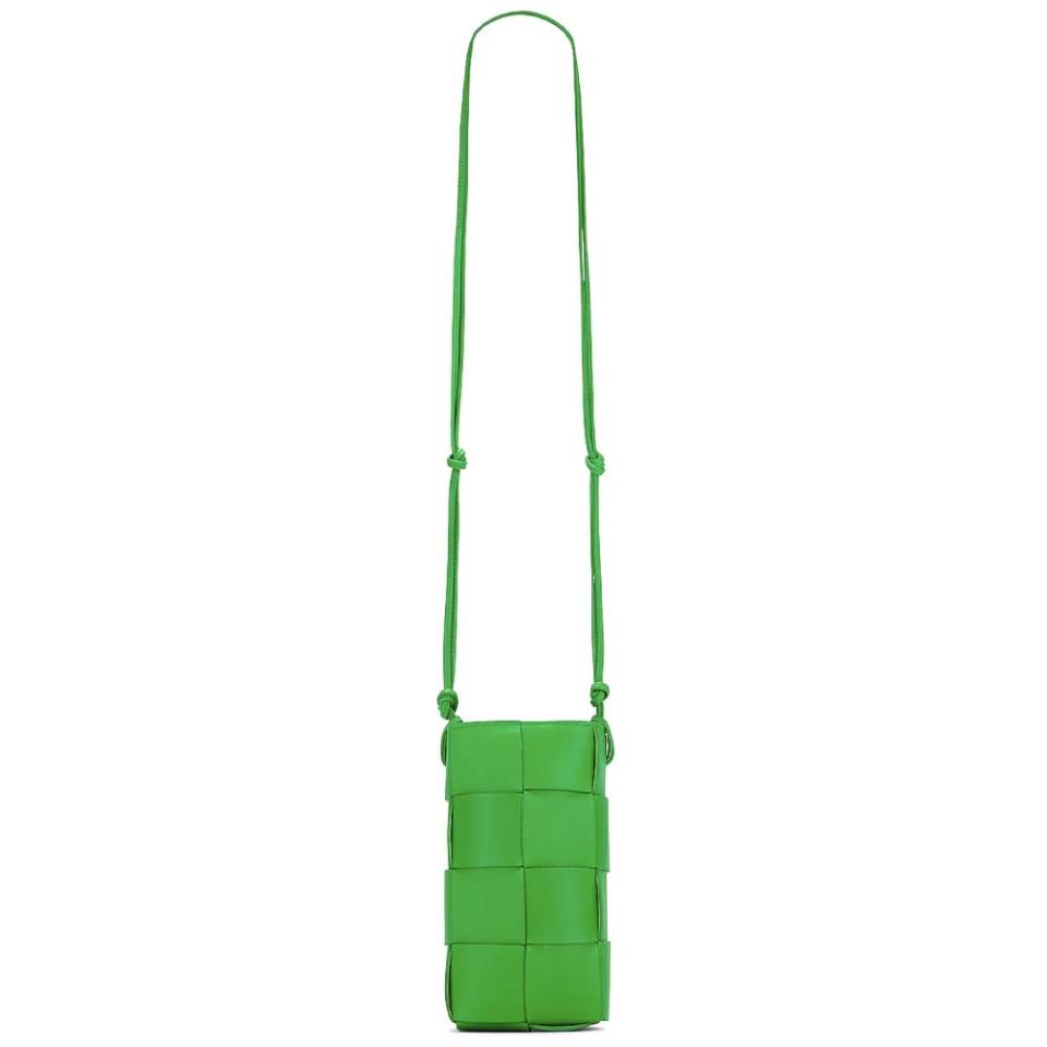 green leather woven phone crossbody bag with long knotted straps