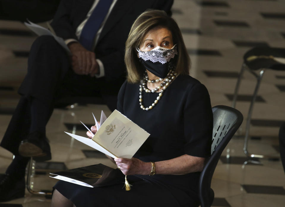 Speaker of the House Nancy Pelosi of Calif., attends a Celebration of Life for Rep. Alcee Hastings, D-Fla., in Statuary Hall on Capitol Hill in Washington, Wednesday, April 21, 2021. Hastings died earlier this month, aged 84, following a battle with pancreatic cancer. (Tasos Katopodis/Pool via AP)