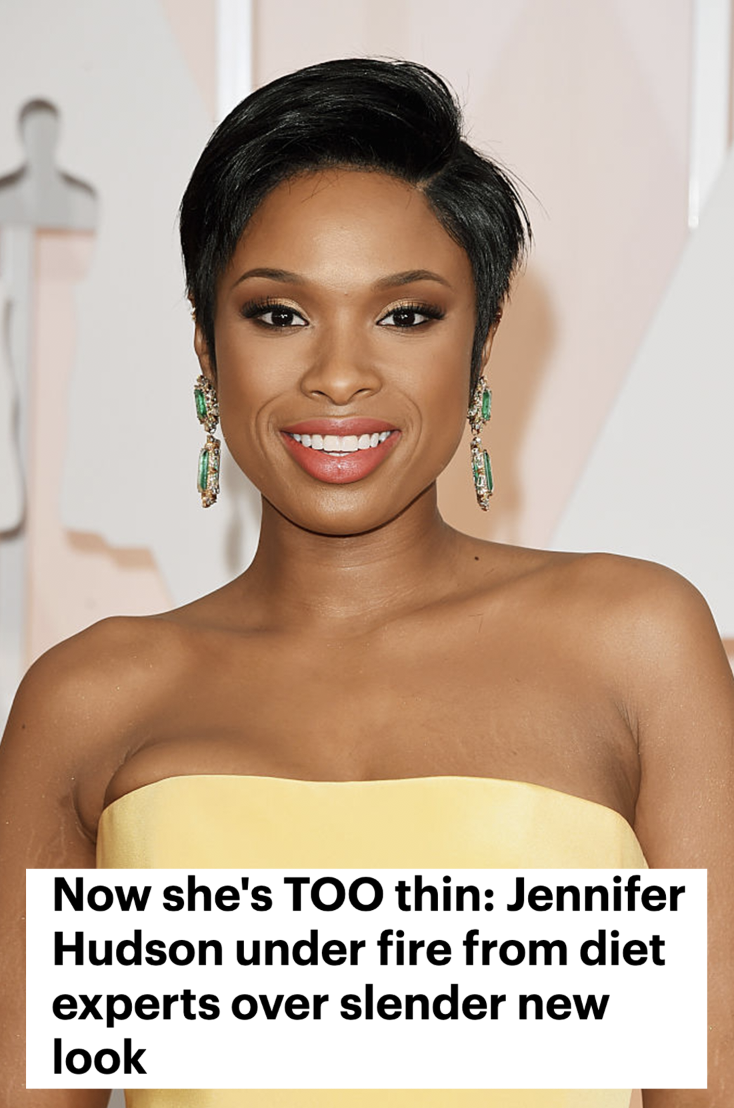 Jennifer Hudson smiling and the headline "Now she's TOO thin"