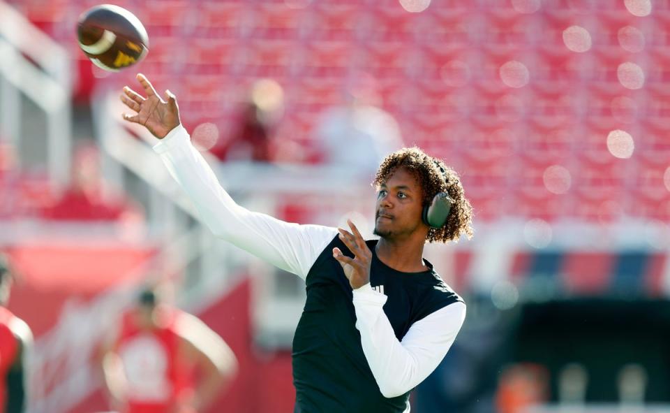 Jaden Rashada #5 of the Arizona State Sun Devils throws a pass during warmups before the game against the Utah Utes at Rice Eccles Stadium on November 4, 2023 in Salt Lake City, Utah (Getty Images)