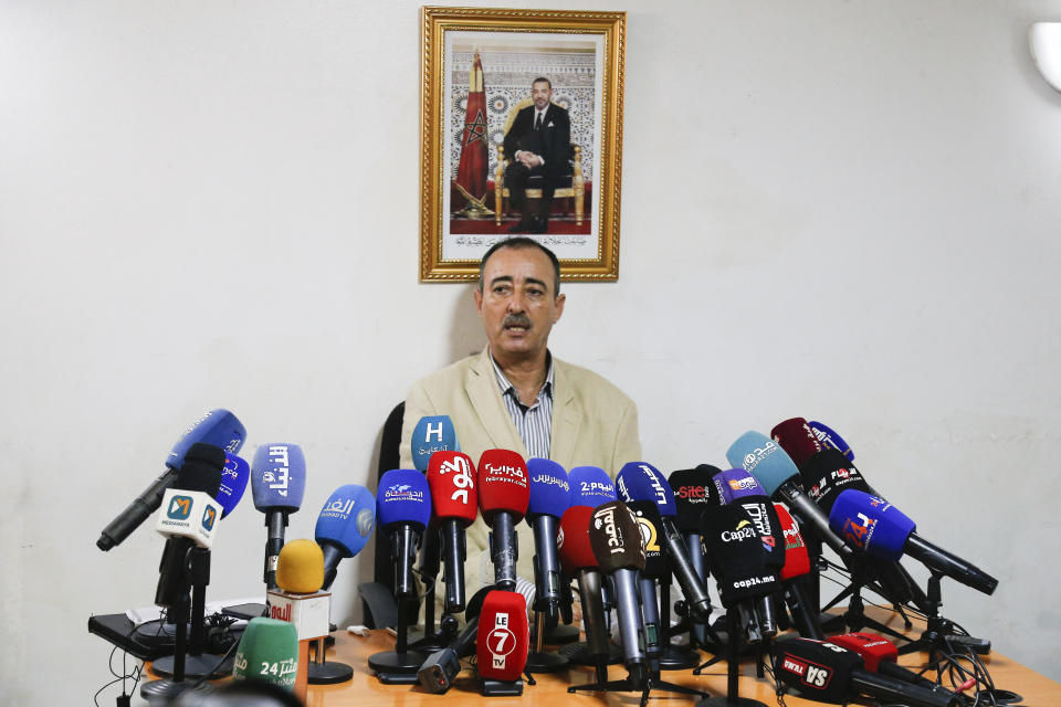 The father of Moroccan Ibrahim Saadun, who was captured and sentenced to death in Russian-held eastern Ukraine, speaks to the media in a press conference in Rabat, Morocco, Monday, June 27, 2022. (AP Photo)