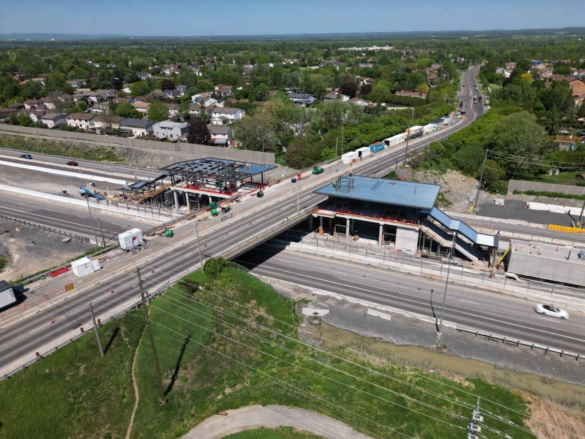 The future Convent Glen LRT station at Highway 174 in Orléans is seen under construction on May 29, 2023. A section of the highway near the station will be closed this upcoming weekend. (Raphael Tremblay/Radio-Canada - image credit)