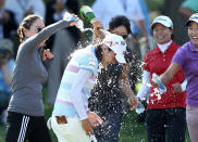 KOHLER, WI - JULY 08: Na Yeon Choi of South Korea is sprayed with champagne by players and friends after her four-stroke victory at the 2012 U.S. Women's Open on July 8, 2012 at Blackwolf Run in Kohler, Wisconsin. (Photo by Scott Halleran/Getty Images)