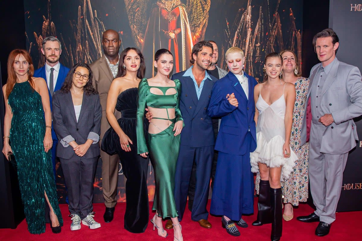 Emily Carey (sixth left) and English actor Matt Smith (far right) join other cast members of the new HBO Max series House of the Dragon as they pose during its European premiere in Amsterdam  (ANP/AFP via Getty Images)