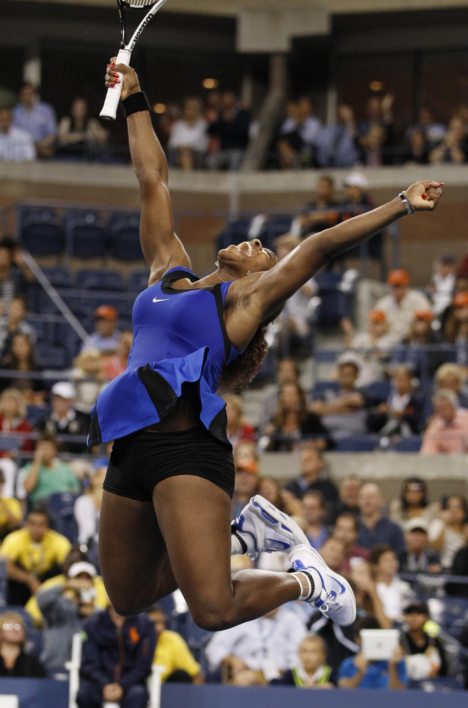 FILE - Serena Williams reacts after winning her semifinal match against Caroline Wozniacki of Denmark at the U.S. Open tennis tournament in New York, Saturday, Sept. 10, 2011. The 2022 Wimbledon competition is not the first comeback from a significant absence for Williams. (AP Photo/Charles Krupa, File)