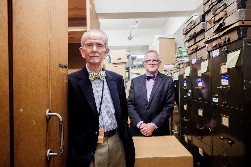 Bill Hooper, the Time Inc. archivist, right, and Michael Ryan, left, the library director of the New-York Historical Society, in the Time-Life archive storage space in New York, Nov. 4, 2015.<span class="copyright">Sam Hodgson—The New York Times/Redux</span>