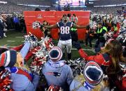 <p>New England Patriots tight end Martellus Bennett (88) celebrates after the Pittsburgh Steelers in the 2017 AFC Championship Game at Gillette Stadium. Mandatory Credit: James Lang-USA TODAY Sports </p>