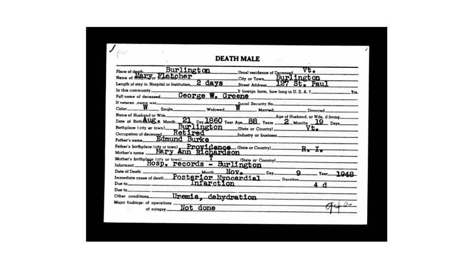 George W. Greene's death certificate