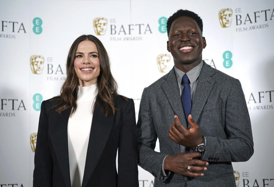 Actors Hayley Atwell, left and Toheeb Jimoh pose for a photo, during the nominations for the BAFTA Film Awards 2023, at BAFTA's headquarters in London, Thursday, Jan. 19, 2023. (Yui Mok/PA via AP)