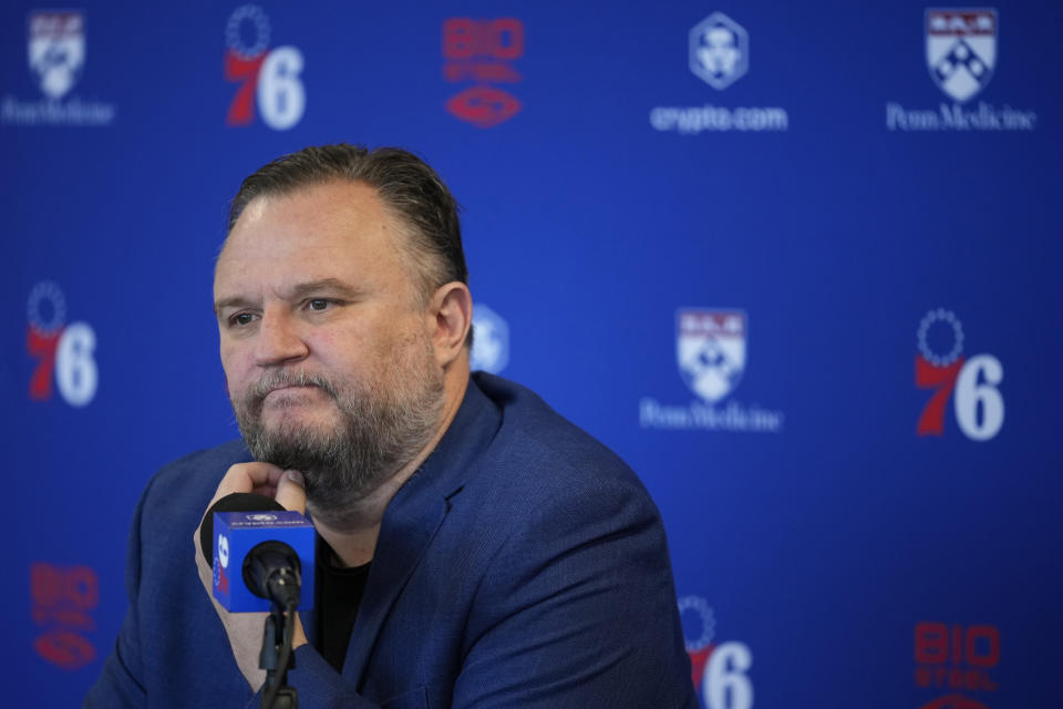 Philadelphia 76ers' Daryl Morey listens to a question during a news conference at the NBA basketball team's training facility, Wednesday, May 17, 2023, in Camden, N.J. (AP Photo/Matt Slocum)