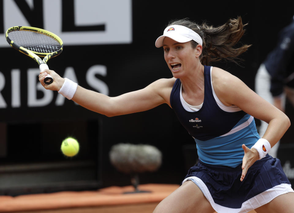 Johanna Konta, of Britain returns a shot to Karolina Pliskova, of the Czech Republic, during their final match at the Italian Open tennis tournament, in Rome, Sunday, May 19, 2019. (AP Photo/Gregorio Borgia)