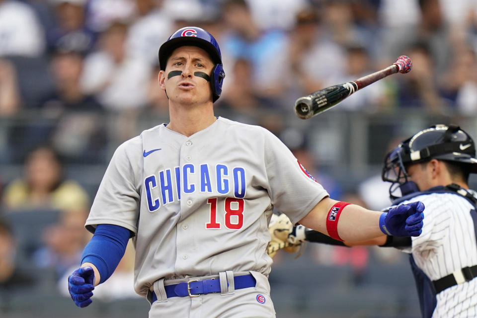 Chicago Cubs' Frank Schwindel reacts after striking out during the first inning of the team's baseball game against the New York Yankees on Friday, June 10, 2022, in New York. (AP Photo/Frank Franklin II)