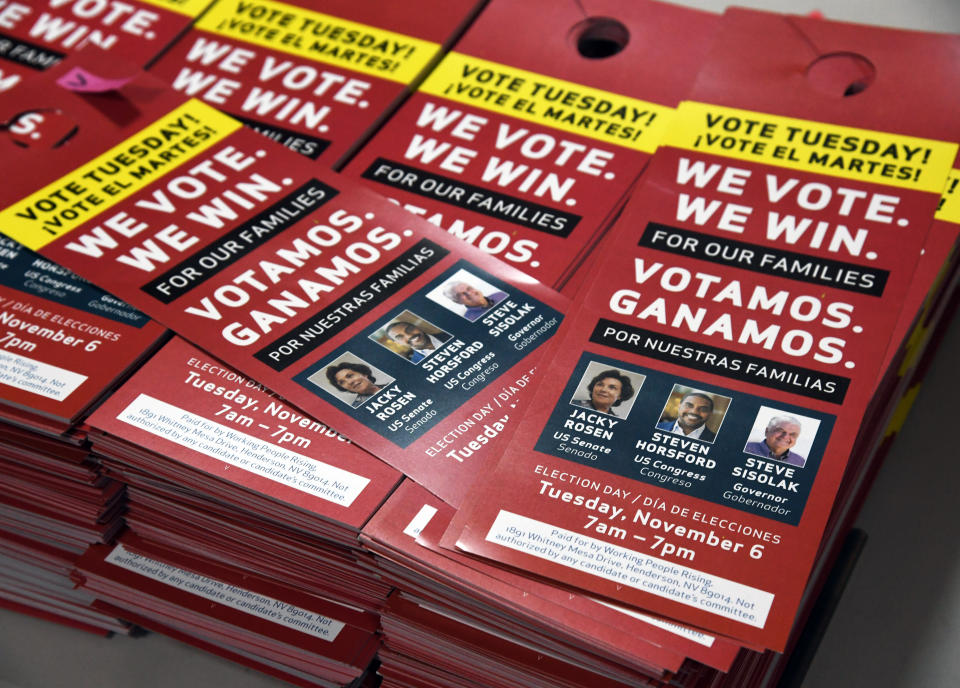 Political door hangers are stacked before a rally with union members at the Culinary Workers Union Hall Local 226 on November 5, 2018 in Las Vegas, Nevada.&nbsp; (Photo: Ethan Miller via Getty Images)
