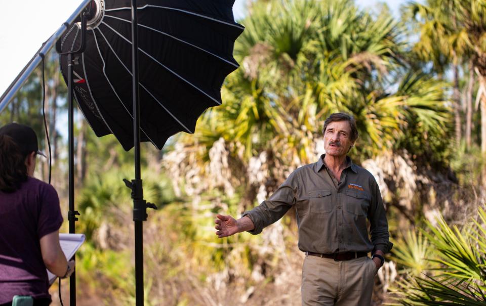 Peter Gros, the host of Mutual of Omaha's Wild Kingdom promotes the show during a taping of the show at Nancy Payton Preserve in Naples on Saturday, Feb. 20, 2022.  They are taping a segment on the Florida panther. The crew is from RFD TV.