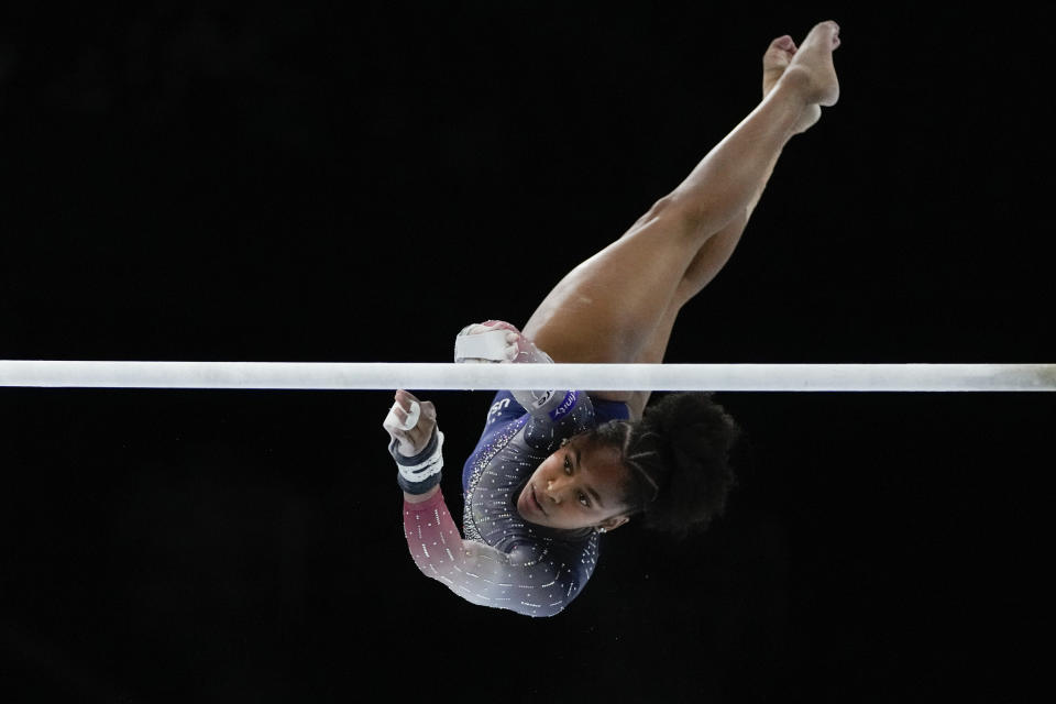 United States' Skye Blakely competes on the uneven bars during the women's team final at the Artistic Gymnastics World Championships in Antwerp, Belgium, Wednesday, Oct. 4, 2023. (AP Photo/Virginia Mayo)