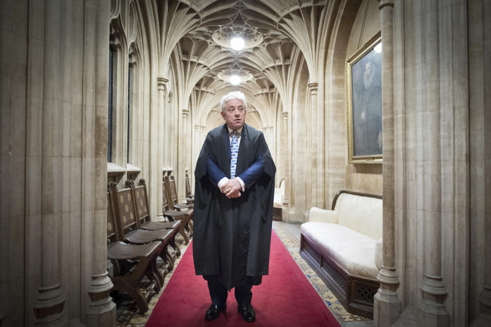 In this photo taken on March 12, 2019 Speaker of the House of Commons, John Bercow going through his daily routine of preparing to preside over the day's events in the chamber of the House of Commons. The speaker of Britain’s House of Commons has become a global celebrity for his loud ties, even louder voice and star turn at the center of Britain’s Brexit drama. On Thursday Oct. 31, 2019, he is stepping down after 10 years in the job. (Stefan Rousseau/PA via AP)