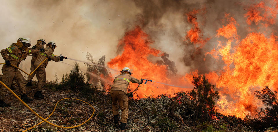 <p>Portuguese National Republican Guard firefighters battle a forest fire in Capela Sao Neitel, Alvaiazere, central Portugal, June 18, 2017. (Paulo Cunha/EPA/Rex/Shutterstock) </p>