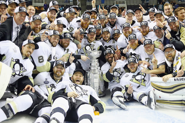 SAN JOSE, CA - JUNE 12: The Pittsburgh Penguins celebrate after their 3-1 victory to win the Stanley Cup against the San Jose Sharks in Game Six of the 2016 NHL Stanley Cup Final at SAP Center on June 12, 2016 in San Jose, California. (Photo by Bruce Bennett/Getty Images)