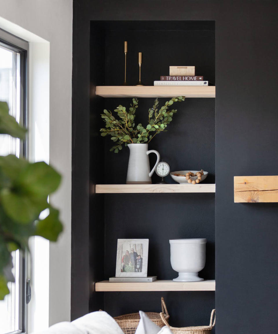7. Install color contrast shelves in an alcove