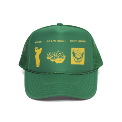 green and yellow metalwood trucker hat against white background
