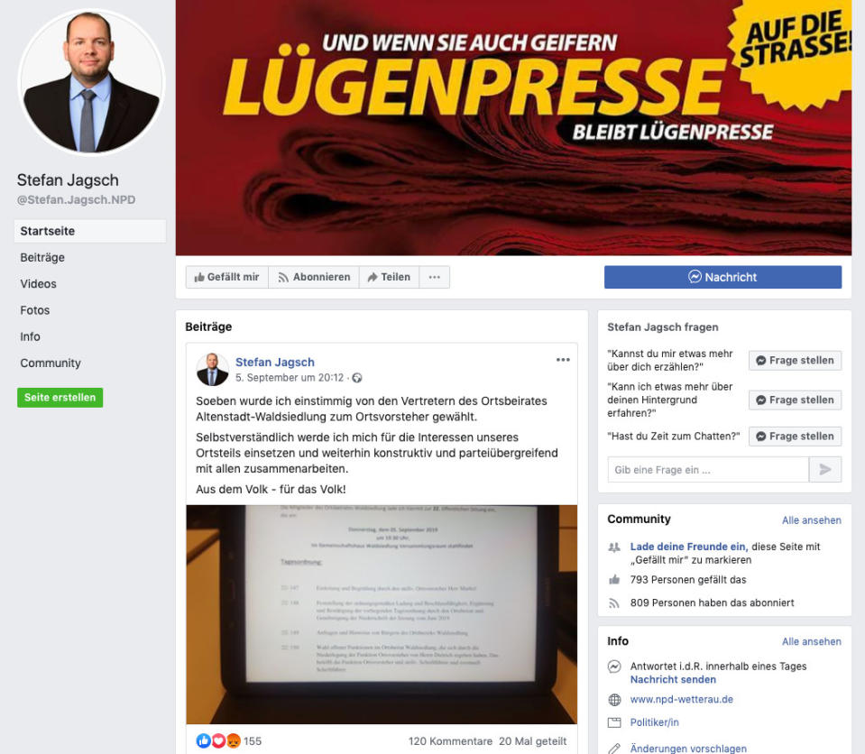 Der offizielle Facebook-Auftritt von NPD-Politiker Stefan Jagsch (Bild: Screenshot/Facebook)