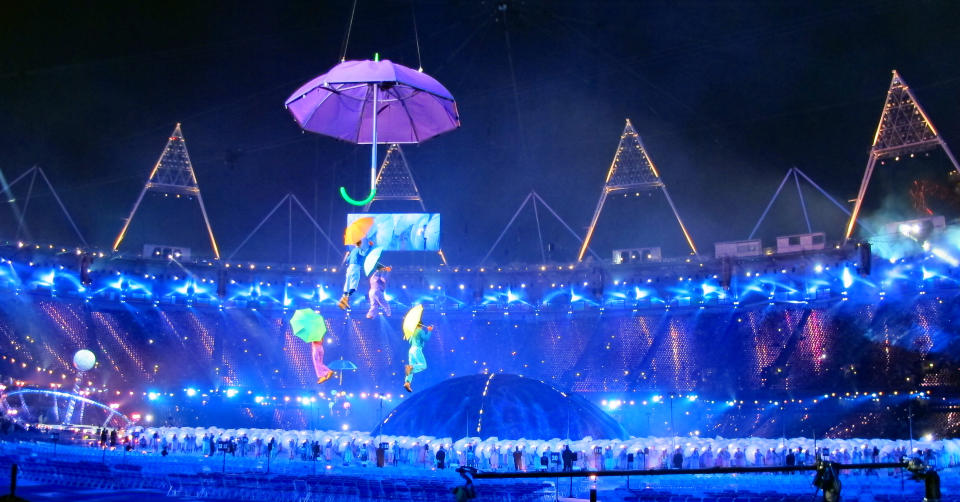 Performers dance with umbrellas during the Opening Ceremony for the 2012 Paralympics in London, Wednesday Aug. 29, 2012. (AP Photo)