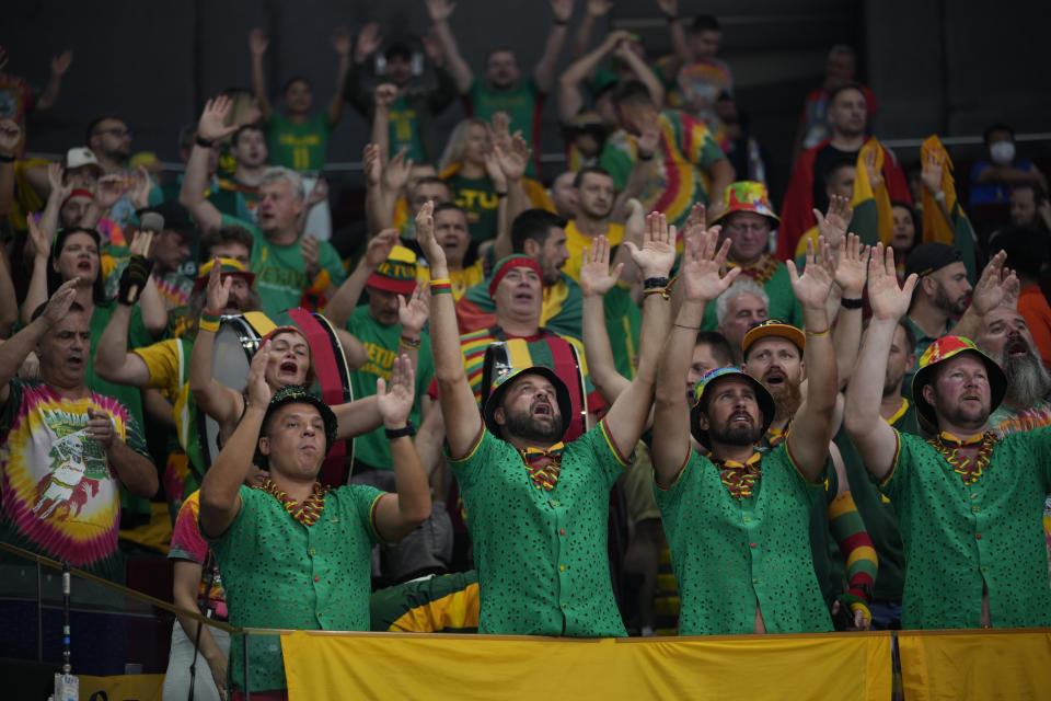 Lithuania fans cheer during the Basketball World Cup quarterfinal game between Lithuania and Serbia at the Mall of Asia Arena in Manila, Philippines, Tuesday, Sept. 5, 2023. (AP Photo/Aaron Favila)