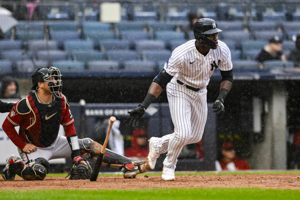 New York Yankees right fielder Estevan Florial (90) hits a triple against the Arizona Diamondbacks during the fifth inning at Yankee Stadium in New York on Sept. 24, 2023.