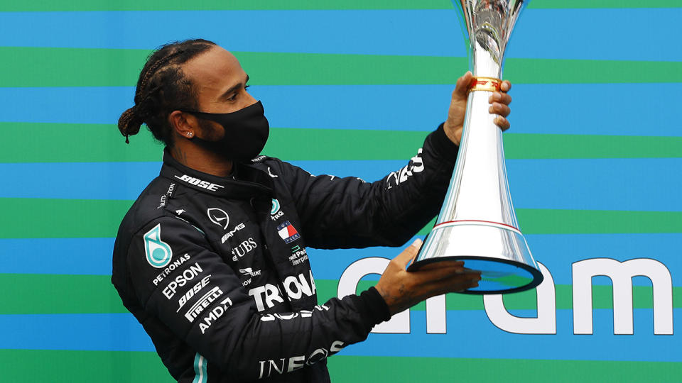 Lewis Hamilton, pictured here celebrating after winning the Hungarian Grand Prix. 