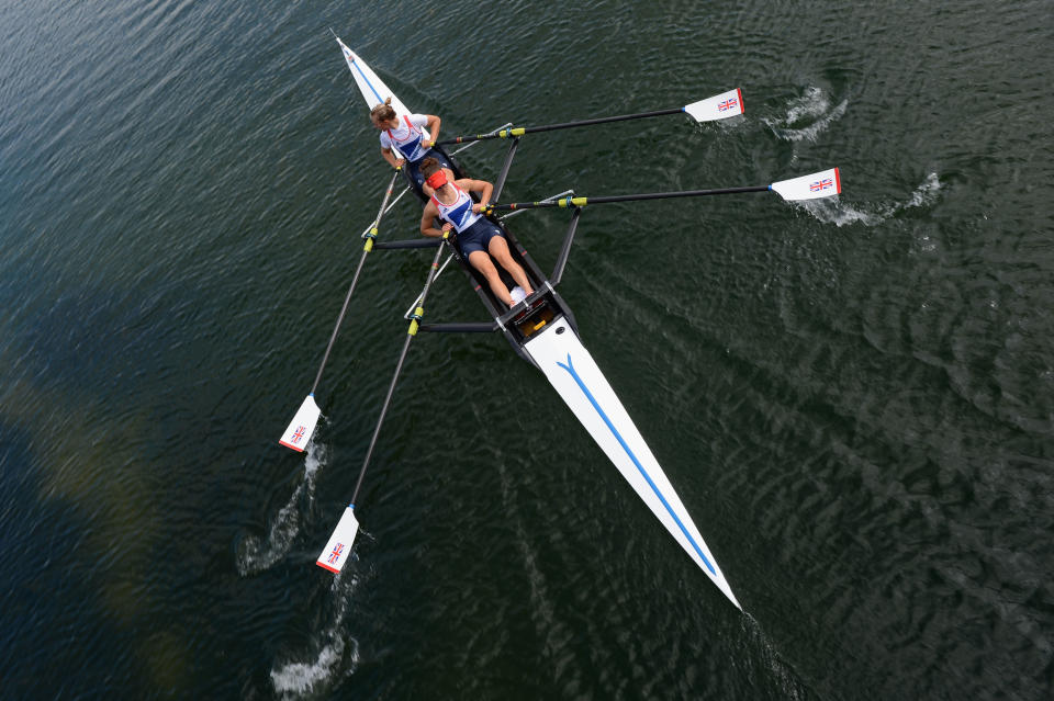 WINDSOR, ENGLAND - JULY 29: Katherine Copeland and Sophie Hosking of Great Britain compete in Lightweight Women's Double Sculls Heats on Day 2 of the London 2012 Olympic Games at Eton Dorney on July 29, 2012 in Windsor, England. (Photo by Harry How/Getty Images)